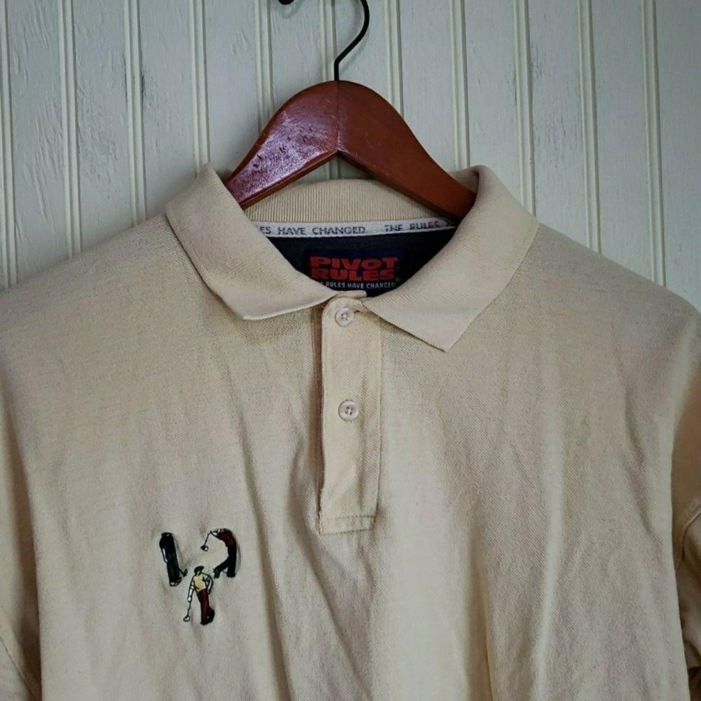 Pivot Rules Polo Shirt Mens M Beige Golfers Embroidered 100% Cotton Knit Top